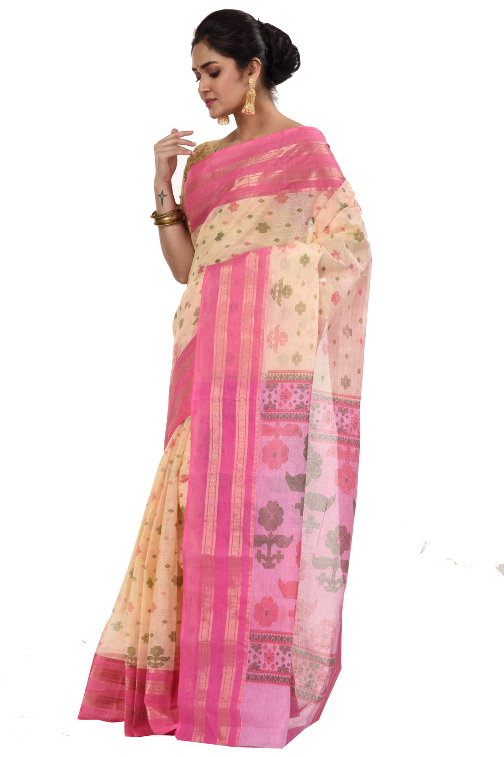 Pink Pure Cotton FullBall Print Tant Saree Print (433)
